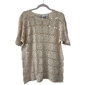 FENN WRIGHT & MANSON Crochet Lace Top Cream Ramie Cotton Boho Vintage Style L